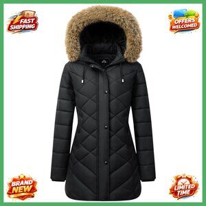 Women's Long Winter Down Jacket Waterproof Windproof Fleece Lined Hooded Puffer